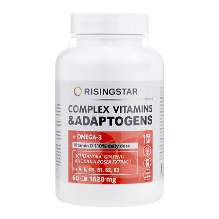 Vitamin and adaptogen complex with Omega-31620 mg Risingstar capsules, 60 pcs.