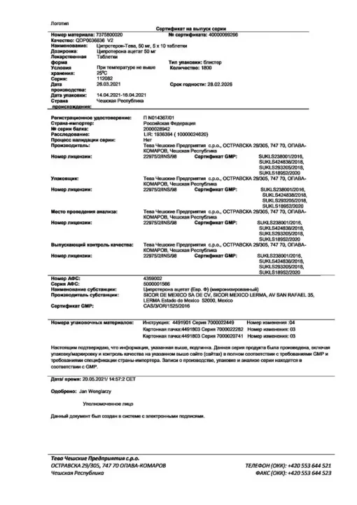 Сертификат Ципротерон-Тева, таблетки 50 мг 50 шт